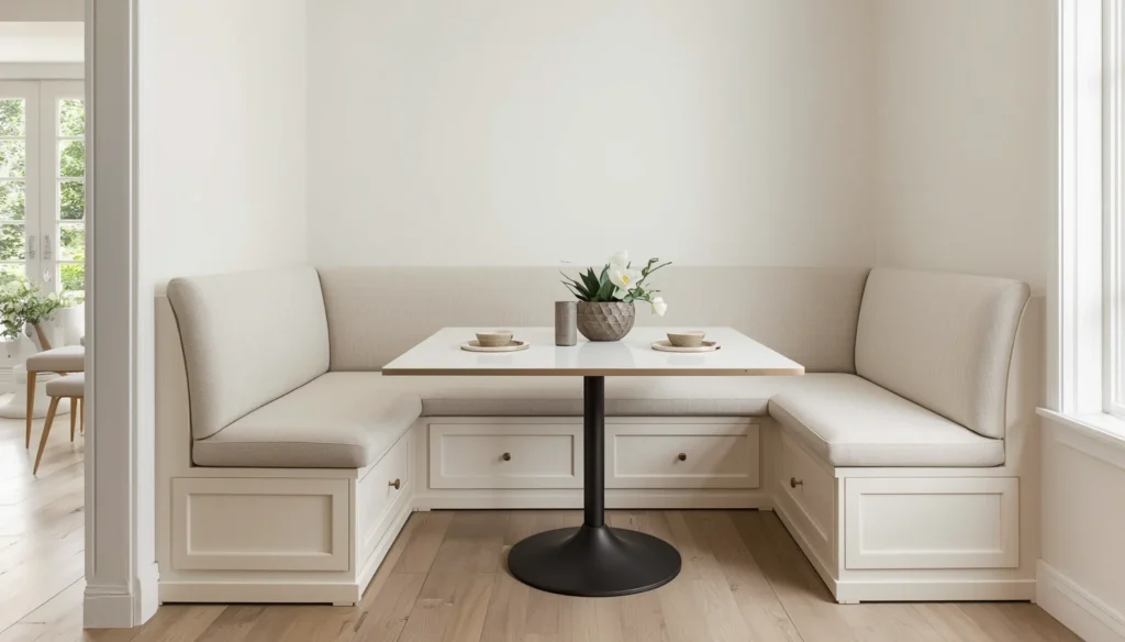 Corner Booth Design with Wrap-Around Cabinet Base