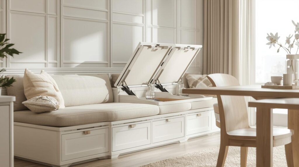 Lift-Top Bench Seating with Hinged Compartments