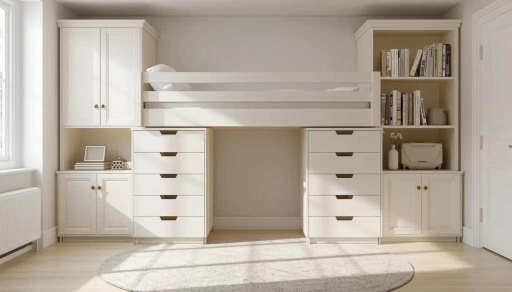 3. Loft Bed With Storage Drawers, Cabinets, and Shelves