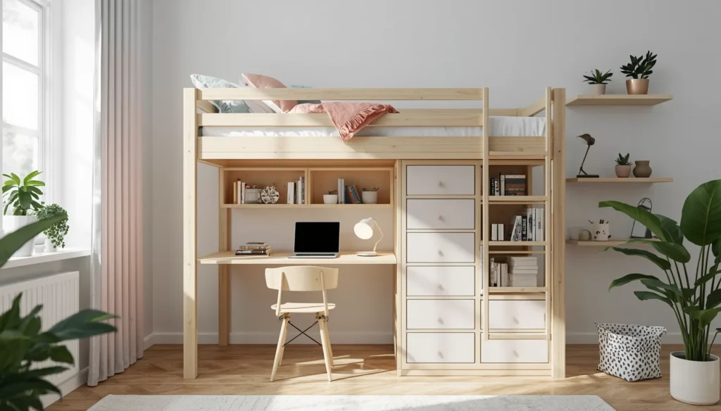 Loft Bed With a Built-In Study Zone Underneath
