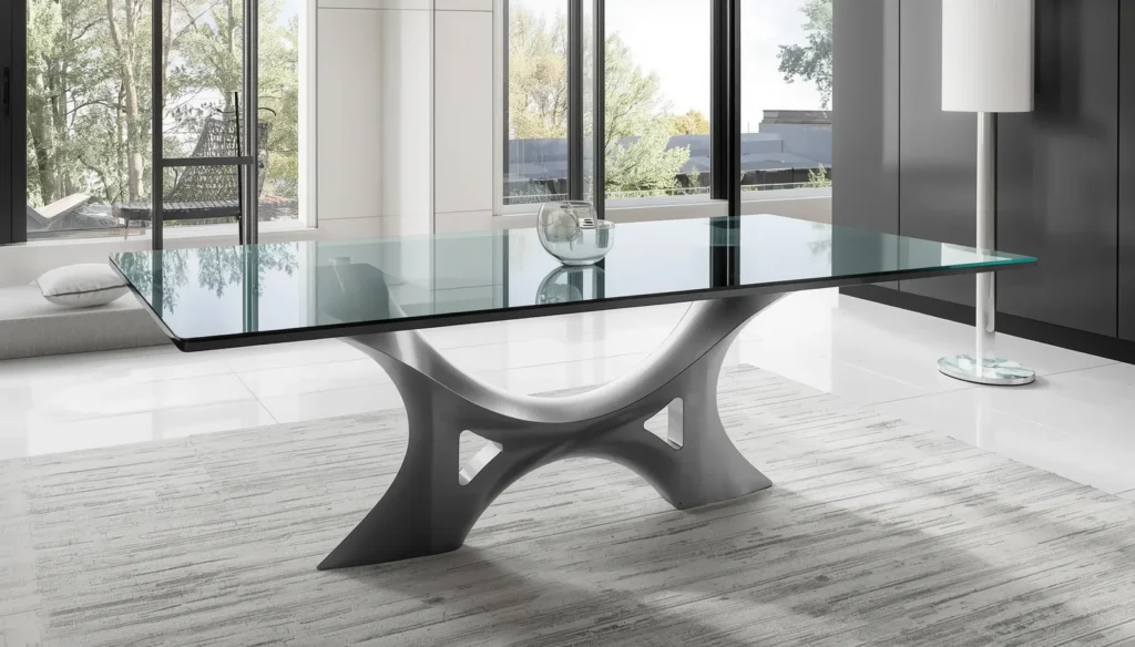 The Glass-Top Dining Table With a Sculptural Metal Base