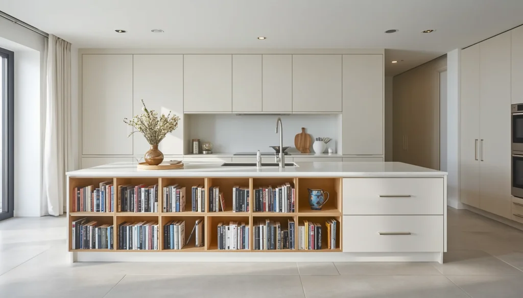 The Island Bookshelf Built Into the Seating Overhang