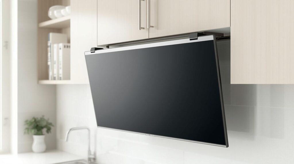 Under‑Cabinet Television Mount With a Hinged Fold‑Up Screen