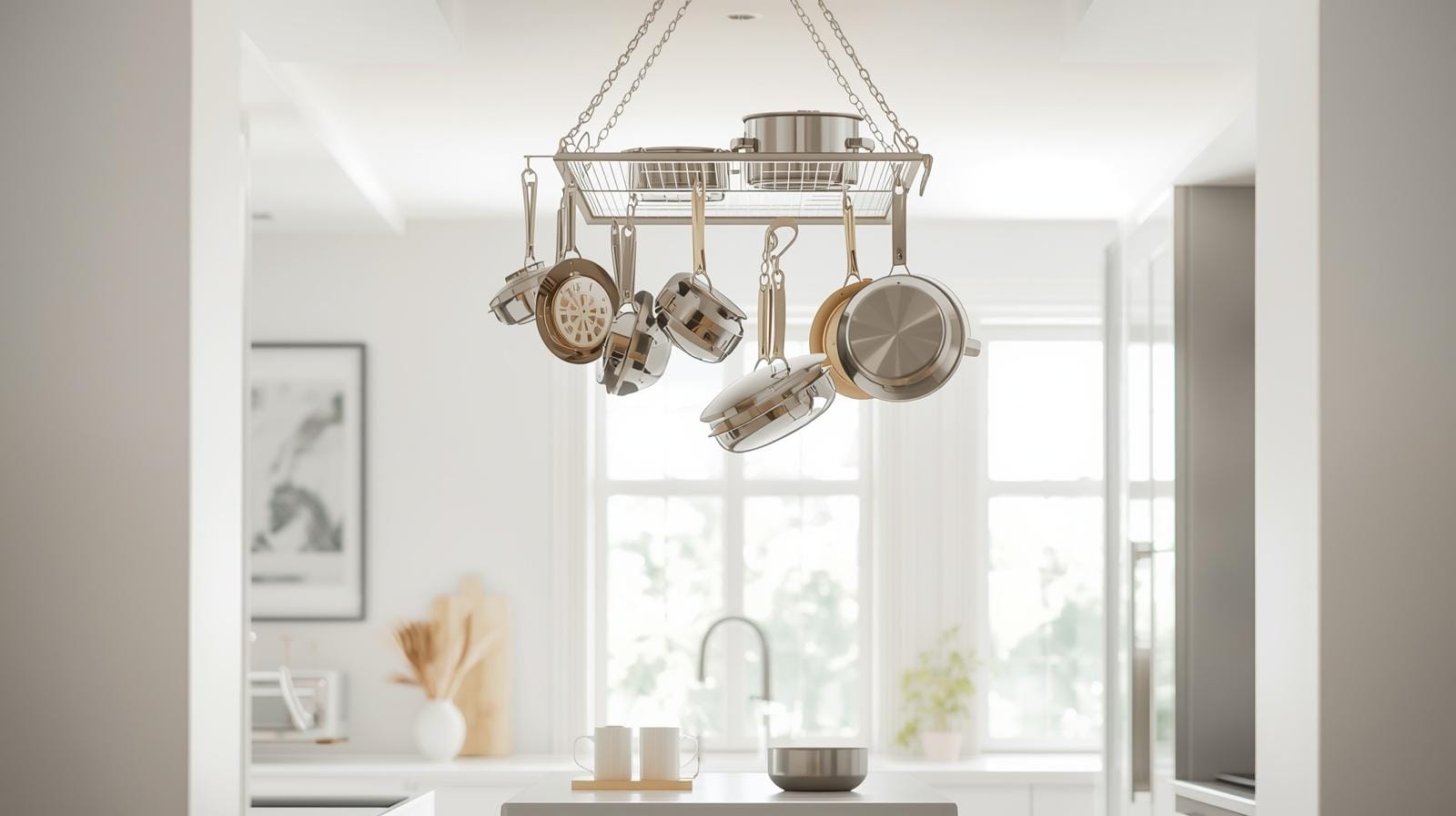 6. The Ceiling-Mounted Pot Rack That Steals No Floor Space