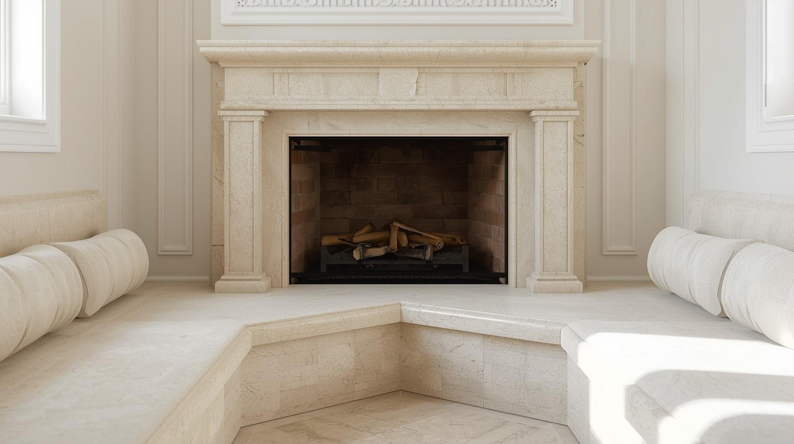 The Corner Fireplace with Converging Benches